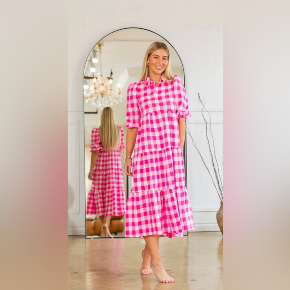Tiered Pink Barbie Plaid Maxi Dress with Puff Sleeves A.C.G. Los Angeles M
